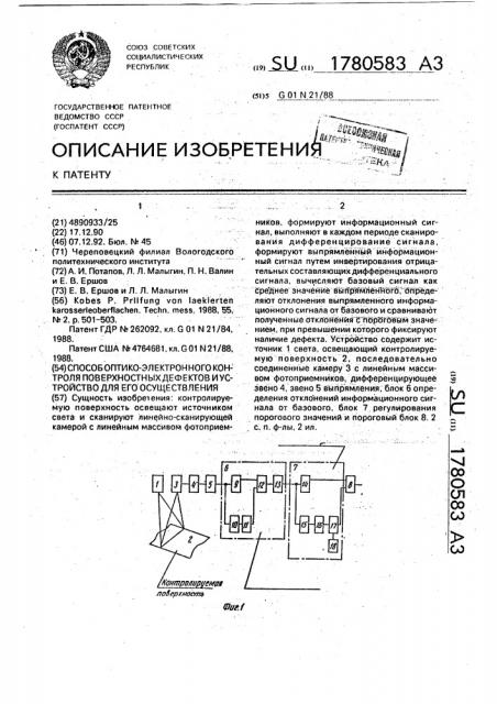 Способ оптико-электронного контроля поверхностных дефектов и устройство для его осуществления (патент 1780583)