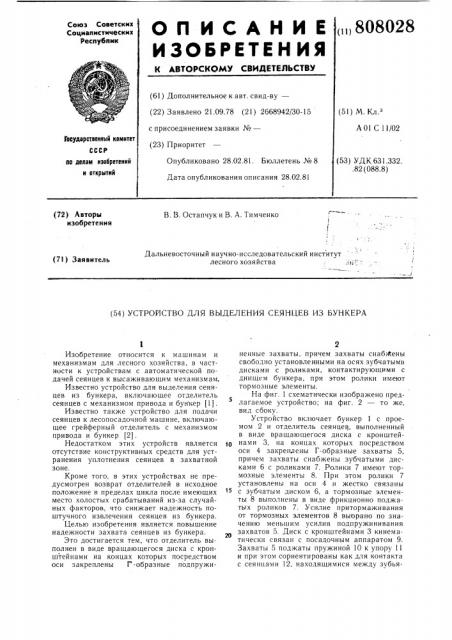 Устройство для выделения сеянцевиз бункера (патент 808028)