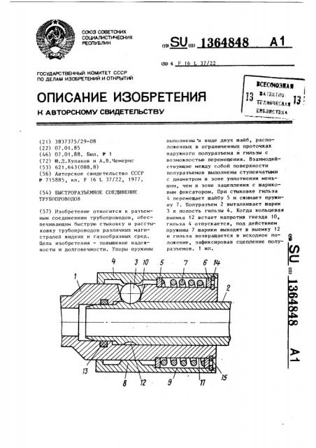 Быстроразъемное соединение трубопроводов (патент 1364848)