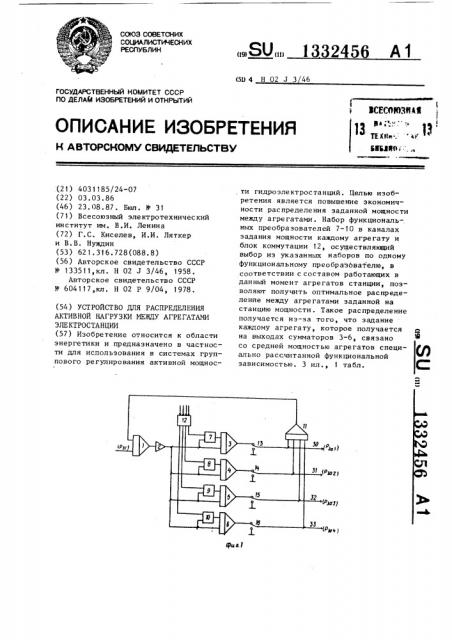 Устройство для распределения активной нагрузки между агрегатами электростанции (патент 1332456)
