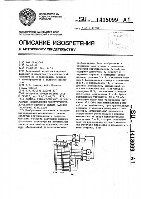 Система автоматического регулирования оптимального эксплуатационно-технологического режима машинно-тракторных агрегатов (патент 1418099)