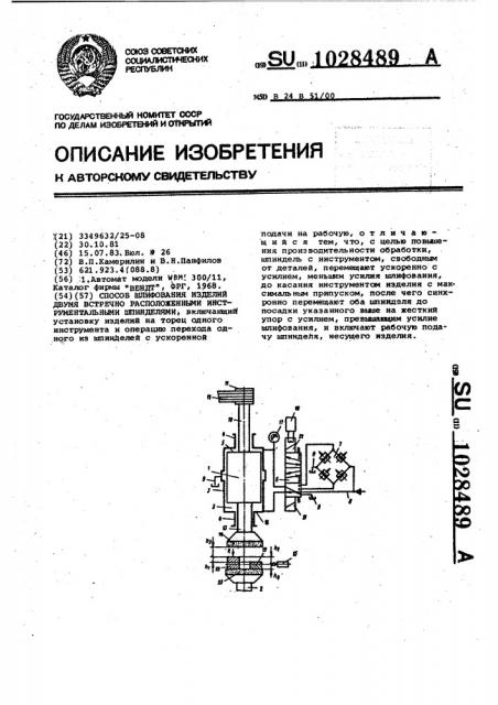 Способ шлифования изделий двумя встречно расположенными инструментальными шпинделями (патент 1028489)