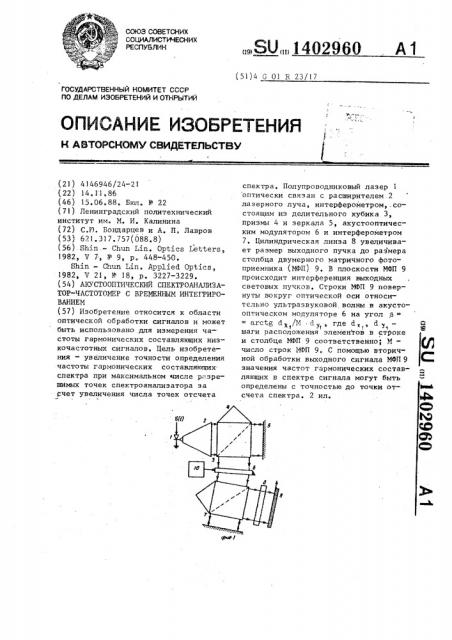 Акустооптический спектроанализатор-частотомер с временным интегрированием (патент 1402960)