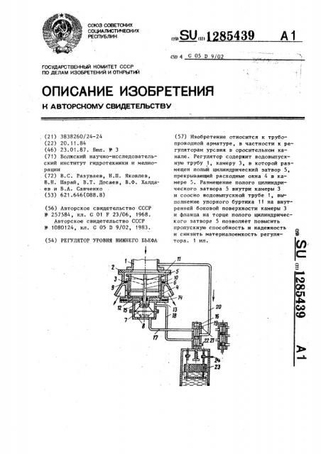 Регулятор уровня нижнего бьефа (патент 1285439)