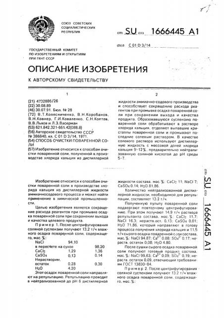 Способ очистки поваренной соли (патент 1666445)