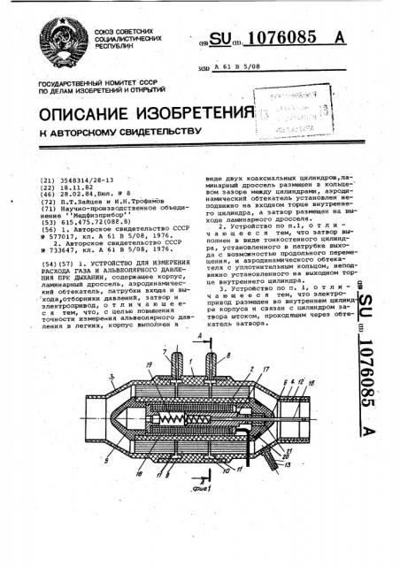 Устройство для измерения расхода газа и альвеолярного давления при дыхании (патент 1076085)