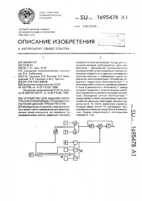 Устройство для задания скорости электропривода стендовых испытаний дисков турбоагрегатов (патент 1695478)