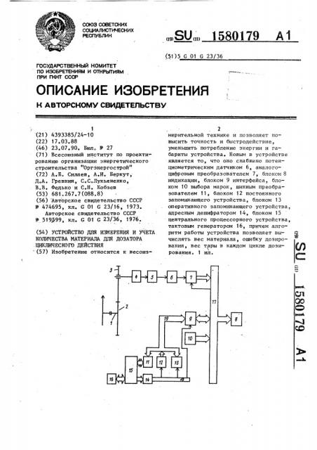 Устройство для измерения и учета количества материала для дозатора циклического действия (патент 1580179)