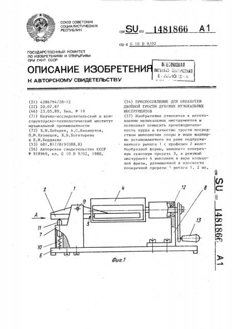 Приспособление для обработки двойной трости духовых музыкальных инструментов (патент 1481866)