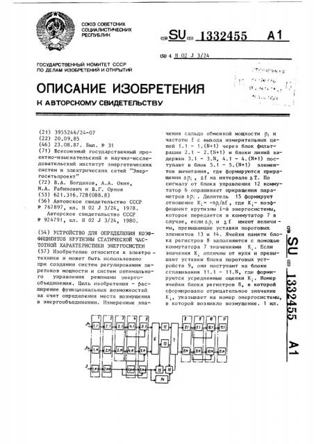 Устройство для определения коэффициентов крутизны статической частотной характеристики энергосистем (патент 1332455)