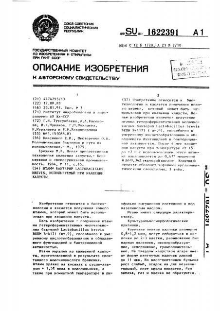 Штамм бактерий lастовасillus вrеvis, используемый при квашении капусты (патент 1622391)