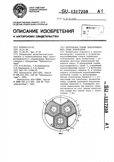 Центральная секция водоохлаждаемого свода электропечи (патент 1317259)