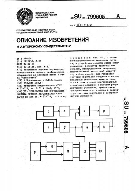 Устройство для определения момента прихода акустических сигналов (патент 799605)