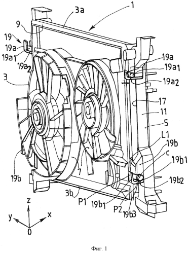 Способ и устройство соединения вентиляторного агрегата и радиатора для двигателя автотранспортного средства и полученный узел вентиляторного агрегата и радиатора (патент 2589229)