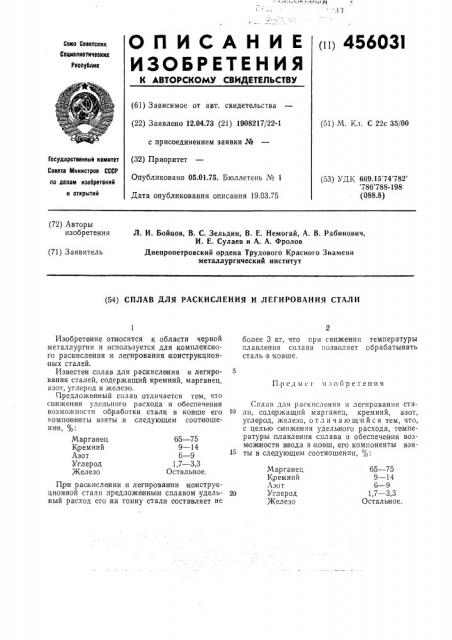 Сплав для раскисления и легирования стали (патент 456031)