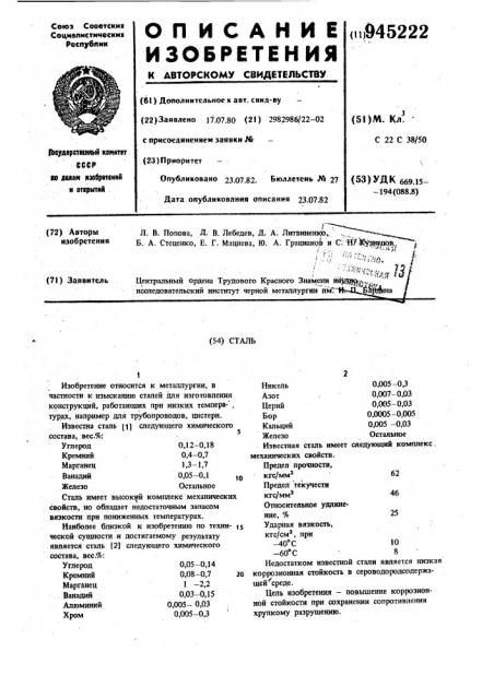 Сталь (патент 945222)