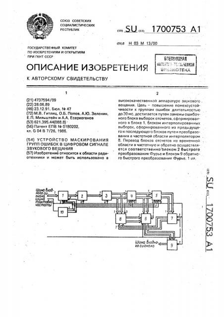 Устройство маскирования групп ошибок в цифровом сигнале звукового вещания (патент 1700753)