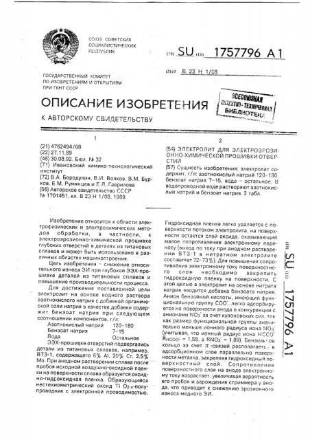 Электролит для электроэрозионно-химической прошивки отверстий (патент 1757796)