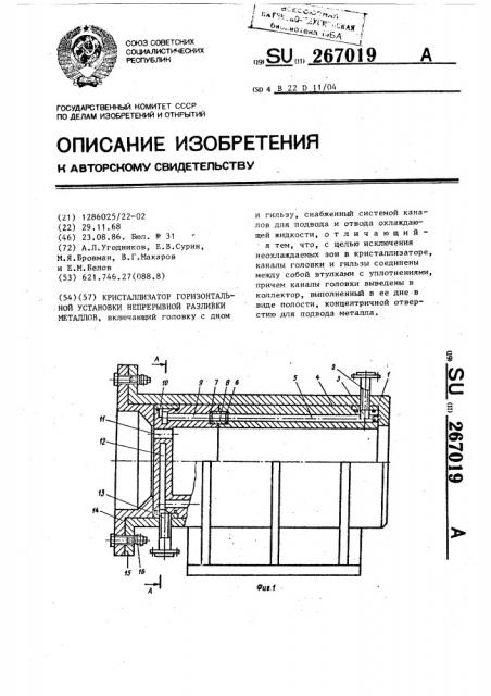 Кристаллизатор горизонтальной установки непрерывной разливки металлов (патент 267019)