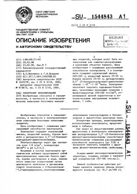 Электролит никелирования (патент 1544843)