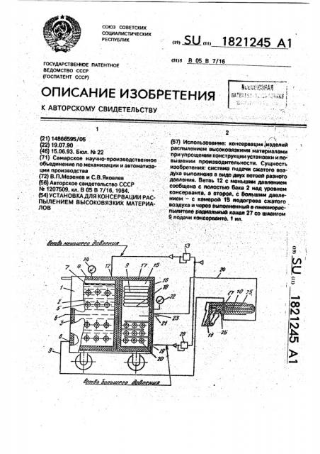 Установка для консервации распылением высоковязких материалов (патент 1821245)