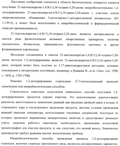 Микробиологический способ получения 21-ацетоксипрегна-1,4,9( 11 ),16-тетраен-3,20-диона из 21-ацетоксипрегна-4,9( 11 ),16-триен-3,20-диона (патент 2480475)