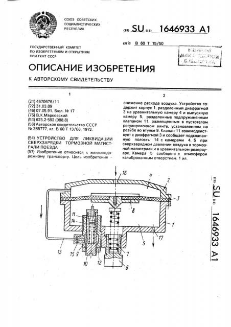 Устройство для ликвидации сверхзарядки тормозной магистрали поезда (патент 1646933)