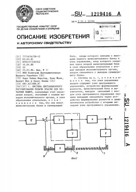 Система дистанционного регулирования подачи краски для печатных машин (патент 1219416)