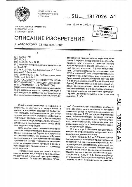 Способ получения эритроцитарного диагностикума для определения ортомиксо-и арбовирусов (патент 1817026)