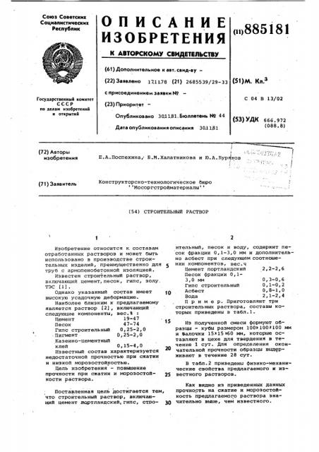 Строительный раствор (патент 885181)