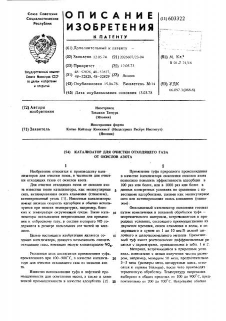 Катализатор для очистки отходящего газа от окислов азота (патент 603322)