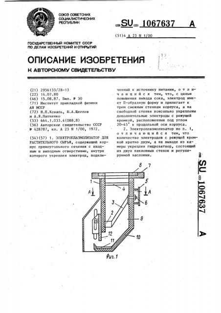 Электроплазмолизатор для растительного сырья (патент 1067637)