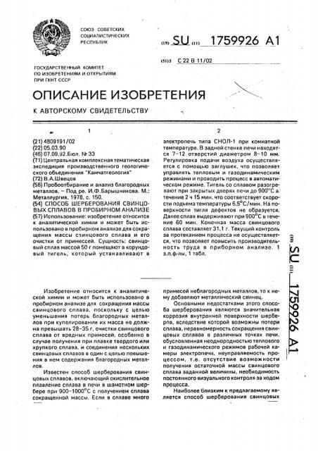 Способ шерберования свинцовых сплавов в пробирном анализе (патент 1759926)
