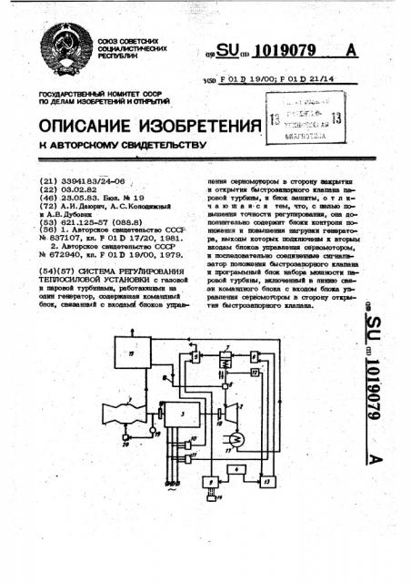 Система регулирования теплосиловой установки (патент 1019079)