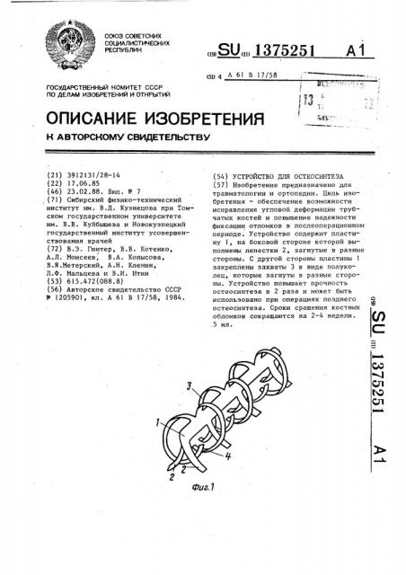 Устройство для остеосинтеза (патент 1375251)