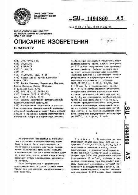 Способ получения фторированной катионообменной мембраны (патент 1494869)