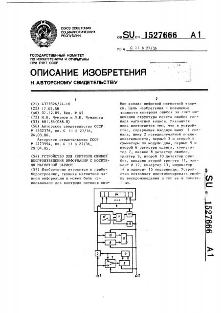 Устройство для контроля ошибок воспроизведения информации с носителя магнитной записи (патент 1527666)