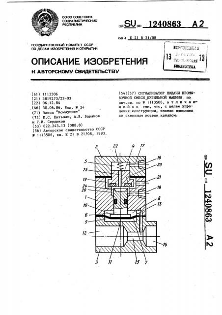 Сигнализатор подачи промывочной смеси бурильной машины (патент 1240863)