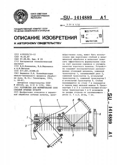 Устройство для формирования слоя стеблей лубяных культур (патент 1414889)