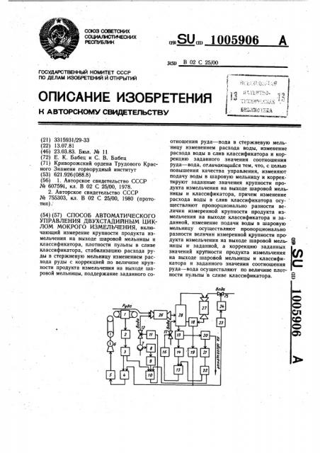 Способ автоматического управления двухстадийным циклом мокрого измельчения (патент 1005906)