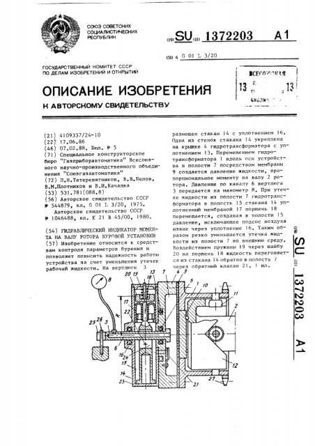 Гидравлический индикатор момента на валу ротора буровой установки (патент 1372203)