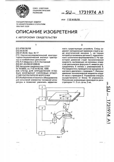 Стенд для определения угловых координат сопловых отверстий- распылителя форсунки (патент 1731974)