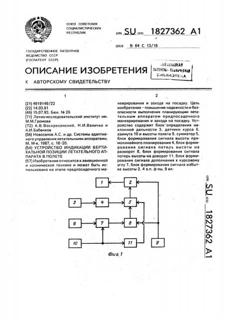 Устройство индикации вертикальной позиции летательного аппарата в полете (патент 1827362)