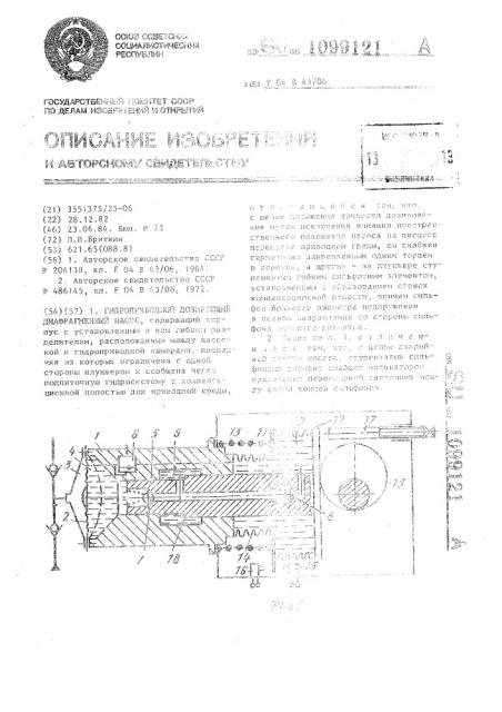 Гидроприводной дозирующий диафрагменный насос (патент 1099121)