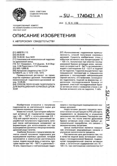 Способ получения гидролизата для выращивания кормовых дрожжей (патент 1740421)