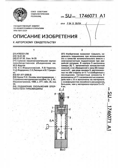 Подшипник скольжения опорного узла турбомашины (патент 1746071)