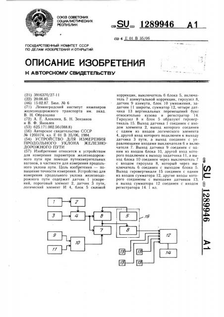 Устройство для измерения продольного уклона железнодорожного пути (патент 1289946)