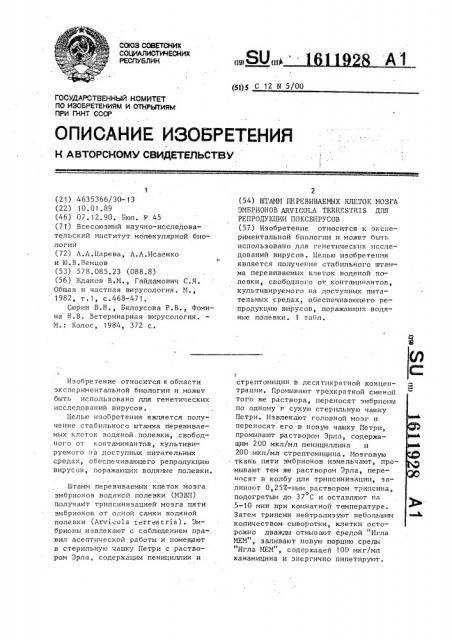 Штамм перевиваемых клеток мозга эмбрионов arvicola теrrеsтris для репродукции поксвирусов (патент 1611928)