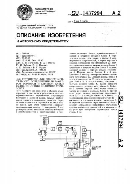 Устройство для экспериментального определения параметров бортовой и килевой качки судна по линии видимого горизонта (патент 1437294)