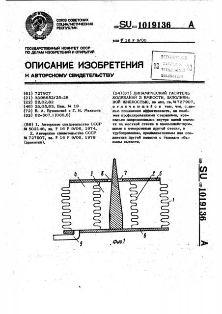 Динамический гаситель колебаний в емкости,заполненной жидкостью (патент 1019136)